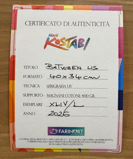 Quadro serigrafia M. Kostabi 40x34 between us, pop, moderno in cornice – Litografie e stampe, Paper, Wood (photo 6 of 6)