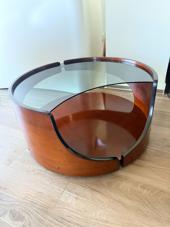 Italian Space Age Coffee Table – Smoked Glass & Curved Wood – 1970s (photo 5 of 15)