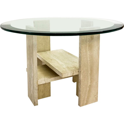 Mid-century glass and travertine coffee table by Willy Ballez, 1970s
