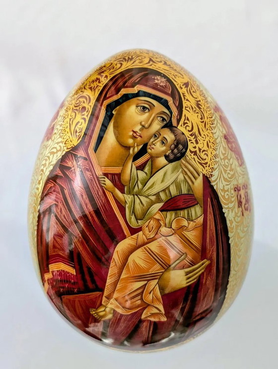 Image 1 of Hand-Painted Icon Egg – Virgin Mary & Child, Religious Wooden Easter Egg, Christian Home Decor Gift