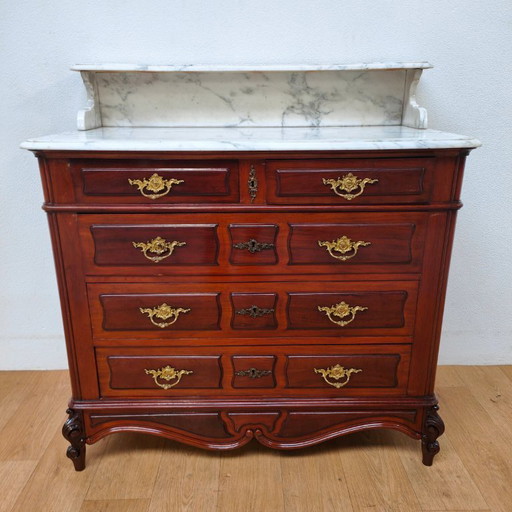 Commode ancienne de salle de bain avec plateau en marbre