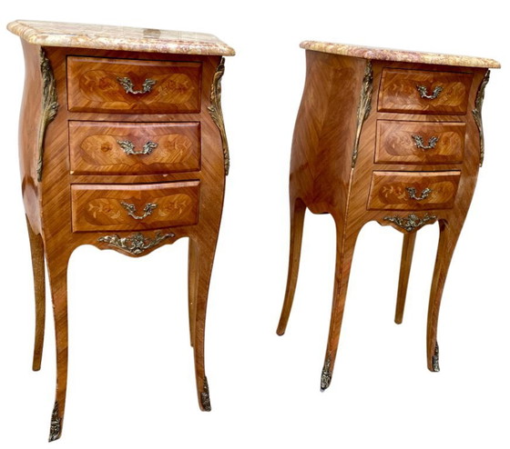 Image 1 of Pair of marquetry bedside tables - veined marble tops - Louis XV style