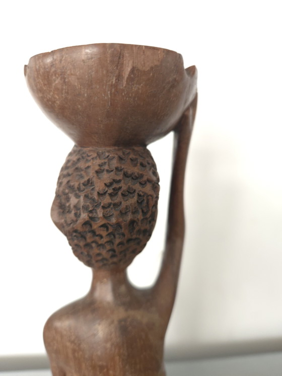 Image 1 of African statue of a woman with a bowl