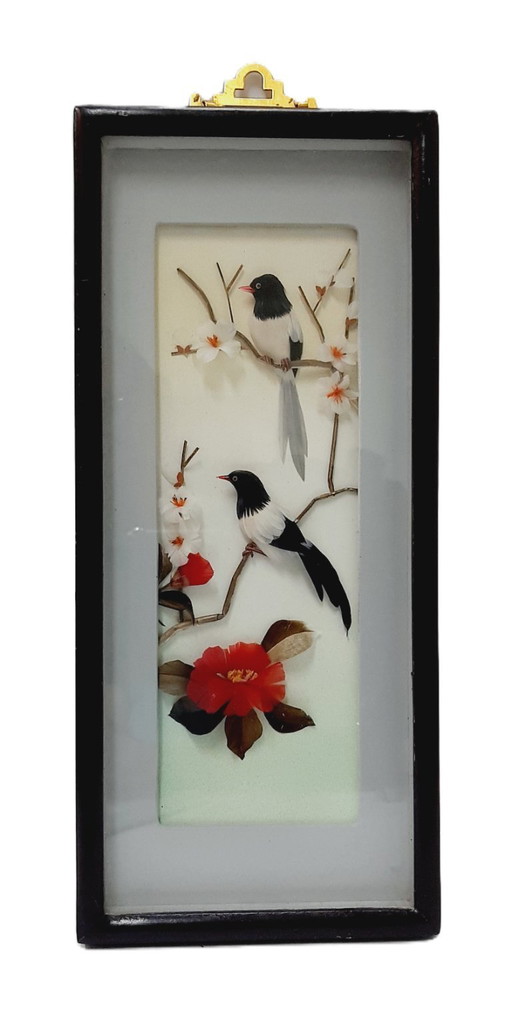 Composition vintage de matériaux naturels - oiseaux dans un cadre sous verre