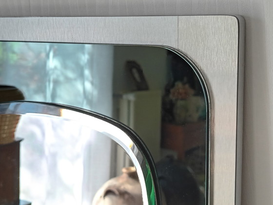 Image 1 of Specchio bisellato in alluminio spazzolato del 1970