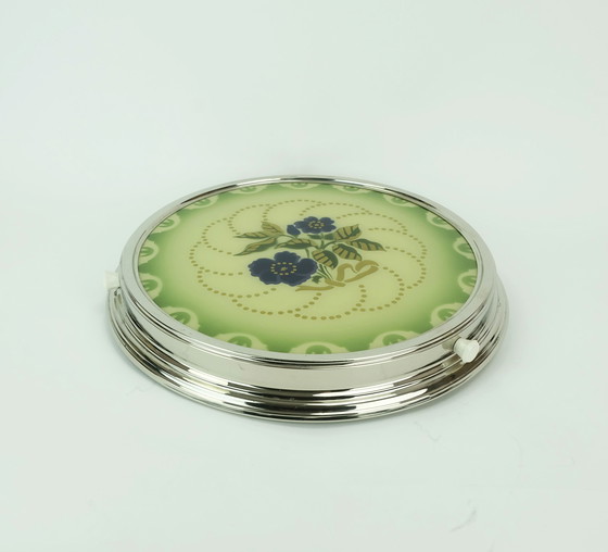 Image 1 of 1930er drehbare Tortenplatte Glas-Chrom-Tortenplatte mit Blumendekor