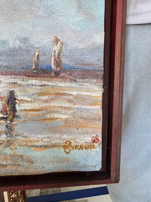 Óleo sobre lienzo “Marina con barcos de pesca” – Firmado Breuer – schilderijen tekeningen, Other (photo 2 of 5)