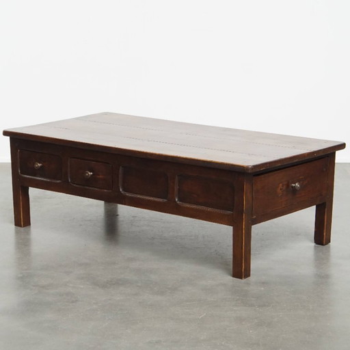 Antique French fruitwood coffee table with 5 drawers