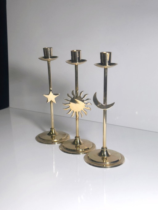 3 x Messing Kandelaars Zon Maan Ster Whimsigoth Kandelaar Metaal Goud Jaren 80 90