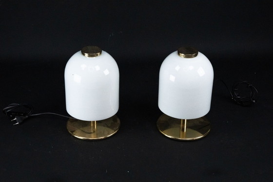 Image 1 of Pair of 1980s Italian Murano Lattimo Glass Mushroom Bedside Lamps