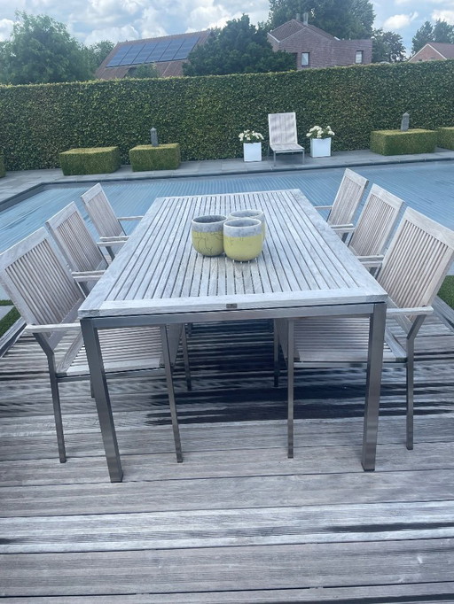 Garden table in teak with 6 chairs stainless steel legs and lounger withstand any storm