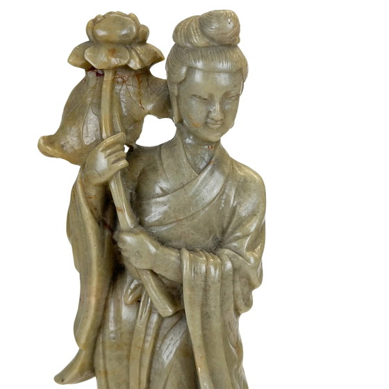 Sculptures Chinoises Vintage en Stéatite - Dame Céleste avec Lotus (He Xiangu) (photo 9 of 10)