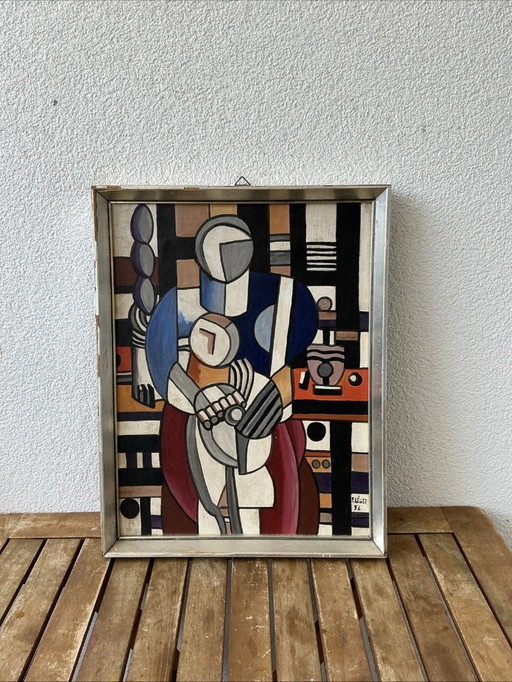 Dipinto ad olio modernista di metà secolo firmato F. LÉGER '52 - Madre e figlio in stile cubista