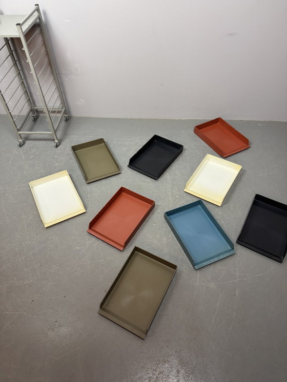 Image 1 of Mid-Century Industrial Gispen Modular Office Trolly with 9 Colorful Pull-Out Bins, The Netherlands 1960s-1970s.