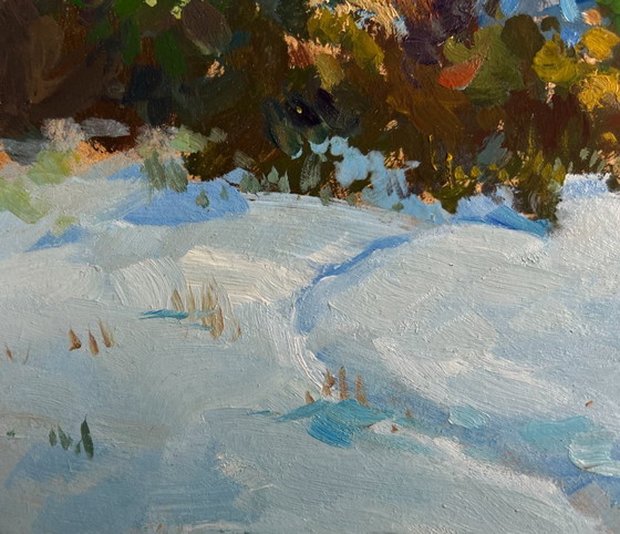 Image 1 of Origineel olieverfschilderij: Winterboslandschap in het besneeuwde bos.