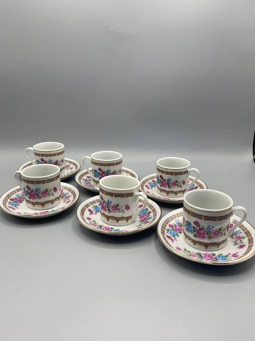 6 Jie Pai porseleinen koffiekopjes en schotels, romantisch bloemenmotief, jaren 90 – decoratieve objecten, Porcelain, Vintage