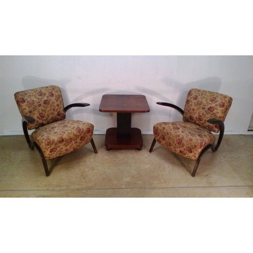 Pair of vintage walnut armchairs and coffee table H-275 by Jindrich Halabala, 1930