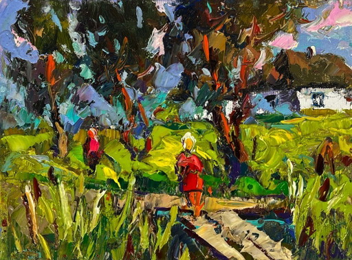 Dipinto ad olio originale: Paesaggio rurale, passeggiata lungo un sentiero di legno.