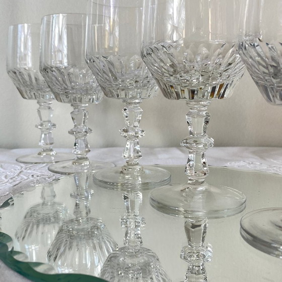 Image 1 of 6 antique carved stemmed glasses, wine or water glasses