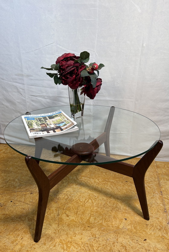 Image 1 of Mid-Century Retro Vintage Teak Coffee Table with Round Glass Top – 1960  In the Style of Adrian Pearsall | Danish Design Influen