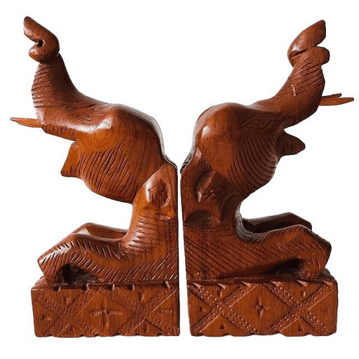 Set vintage di fermalibri in legno intagliati a mano a forma di elefante, anni '70