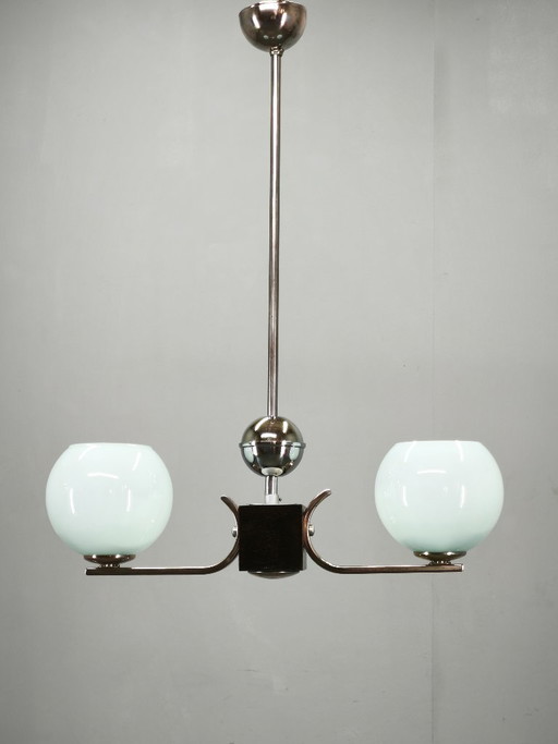 Art Deco Chrome and Opaline Glass Chandelier, Czechoslovakia, 1930s