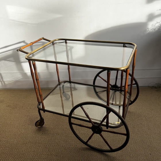Image 1 of Faux Bamboo brass bar cart trolley serving trolley vintage