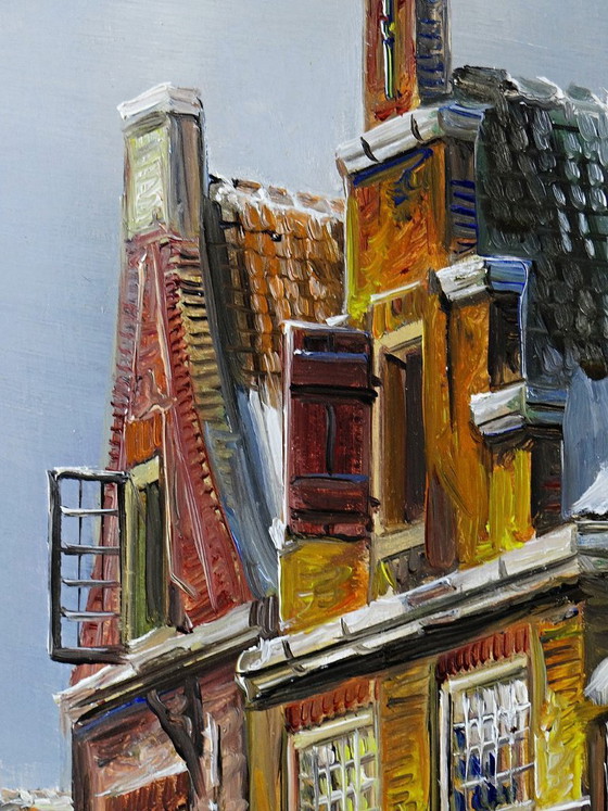 Image 1 of Large framed urban scene oil painting on wood by John Haanstra, vintage