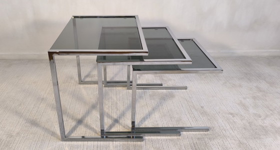 Image 1 of 😍✨ Set of 3 vintage chrome and smoked glass nesting tables, Roche Bobois / Guy Lefèvre style – 1970s ✨😍