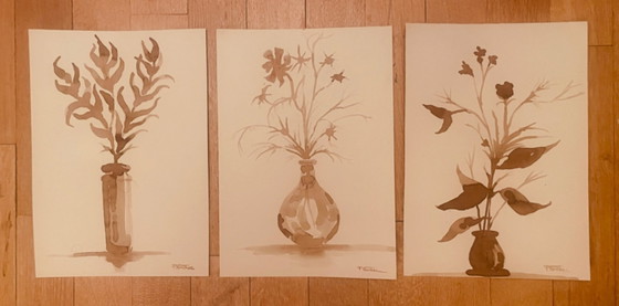 Image 1 of Set of 3 still life paintings with vases of dried flowers, Wabi Sabi style