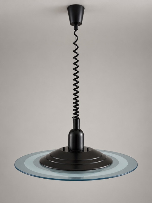 Vintage Space Age UFO-hanglamp – glazen schotel en trekpendel – jaren 70/80