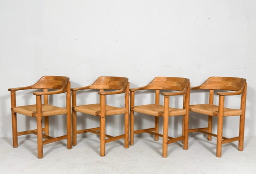 Rainer Daumiller & Poultries Pedersen für Grammrode 4 Stühle / Esszimmerstühle, Kiefer, Papierkordel, 1970er Jahre, Dänemark