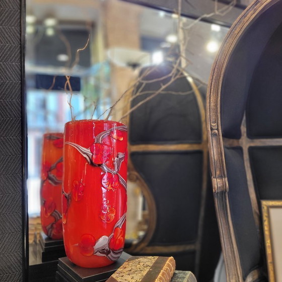 Image 1 of Jarrón floreado rojo, vidrio de Murano, 90’s - Italia