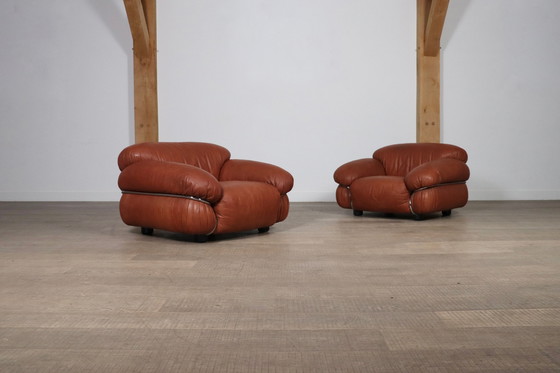 Image 1 of Paar Sesann Lounge Chairs van Gianfranco Frattini in cognac leer voor Cassina Italië 1969