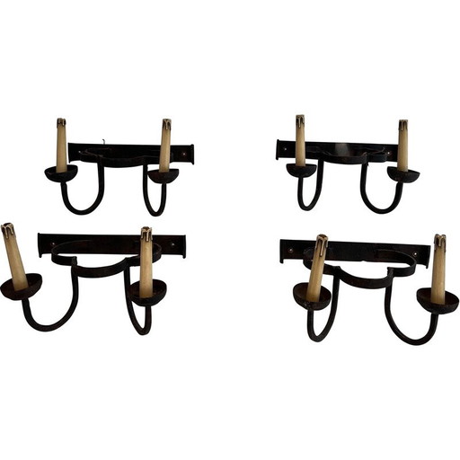 Set of 4 vintage wrought iron clover wall lamps, France 1950