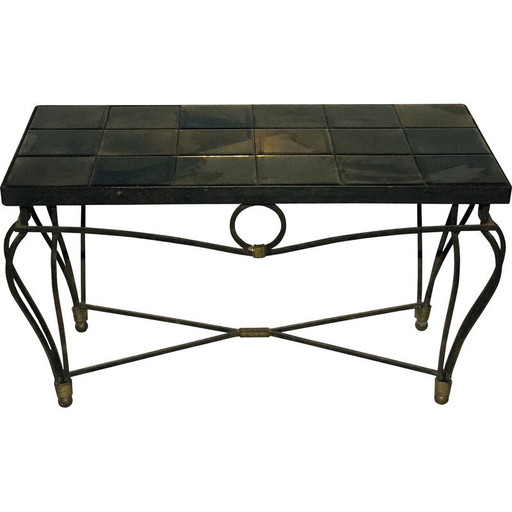Tavolino da caffè vintage con base in ferro battuto e piano in ceramica