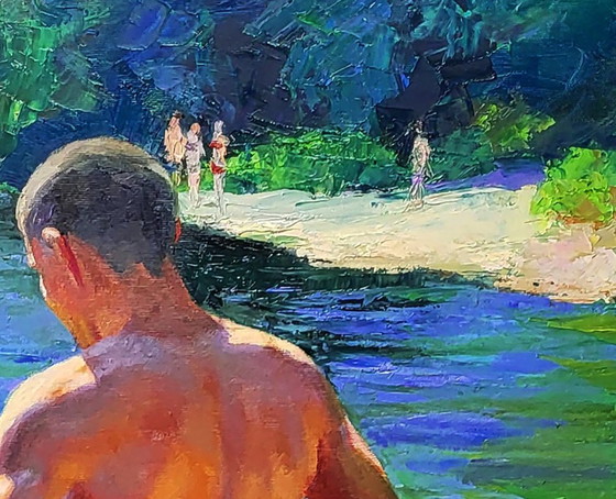 Image 1 of Original Oil Painting Natural Landscape River Happy Summer Childhood