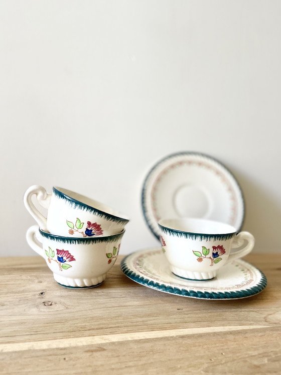 Image 1 of Vintage Longwy Cup Duo x2 · Hand Painted French Faience · Floral Motif · Green Border · Made in France · Mid-Century Pottery