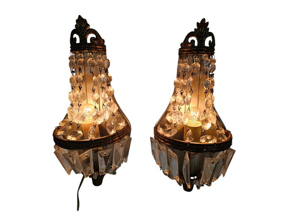 Image 1 of Hollywood Regency Style - 2 Wall Lights - Gold plated - Crystal - 60's