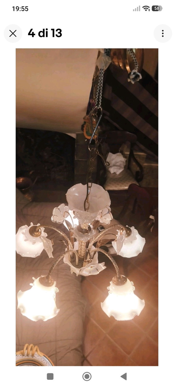 Vintage 5-Light Murano Style Chandelier in Brass and White Glass – Murano Glass (photo 4 of 9)