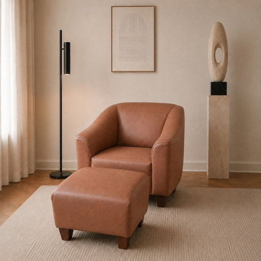 Vintage Cognac Leather Lounge Chair & Ottoman | Timeless 1990s Design – fauteuils, Wood