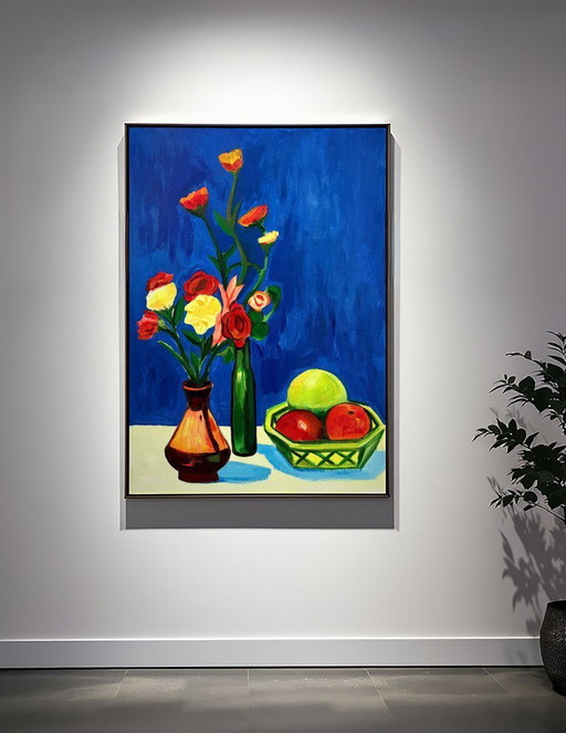 Acrylic painting by the artist E. García "Bodegón con fondo azul" 100x70 cm