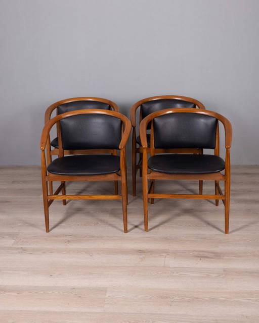 Set di 4 sedie vintage anni '60 in legno e pelle, disegnate da ISA Bergamo.
