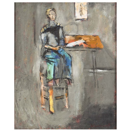Helen Nieuwendijk (1946) - Woman on stool - Acrylic on marouflé - 33 x 27 cm