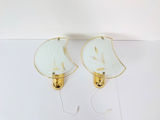 Pair Vintage Wall Light, Moon Shaped Light with Gold Rim, Elegant Set of Two Lights