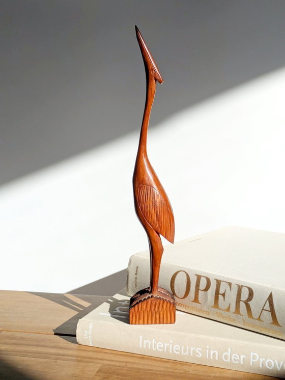 Image 1 of Kraanvogelsculptuur van teakhout uit het midden van de 20e eeuw, 34,5 cm, handgesneden in Deense stijl