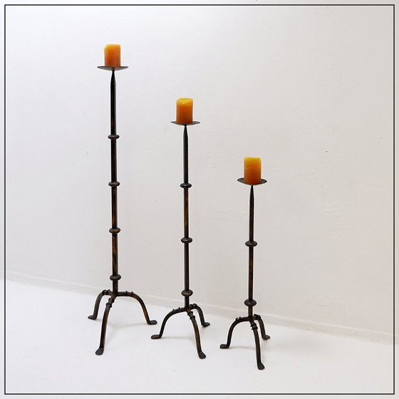 Image 1 of Set of 3 brutalist tripod candlesticks/candle holders in wrought iron