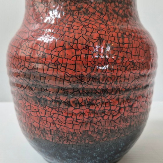 Image 1 of Vintage Accolay Crackle Glaze Ceramic Vase, Red & Blue, 1960s, Signed Accolay, 60s