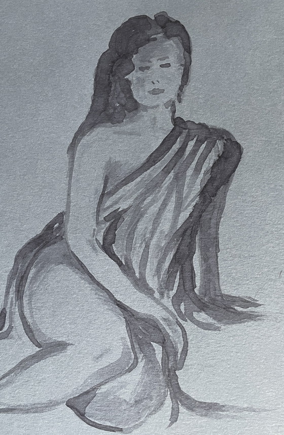 Image 1 of Aquarelle Monochrome sur Papier Denim - Portrait Féminin