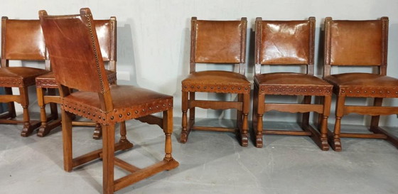 Image 1 of 6 x vintage  Spanish solid wood and leather dining chairs